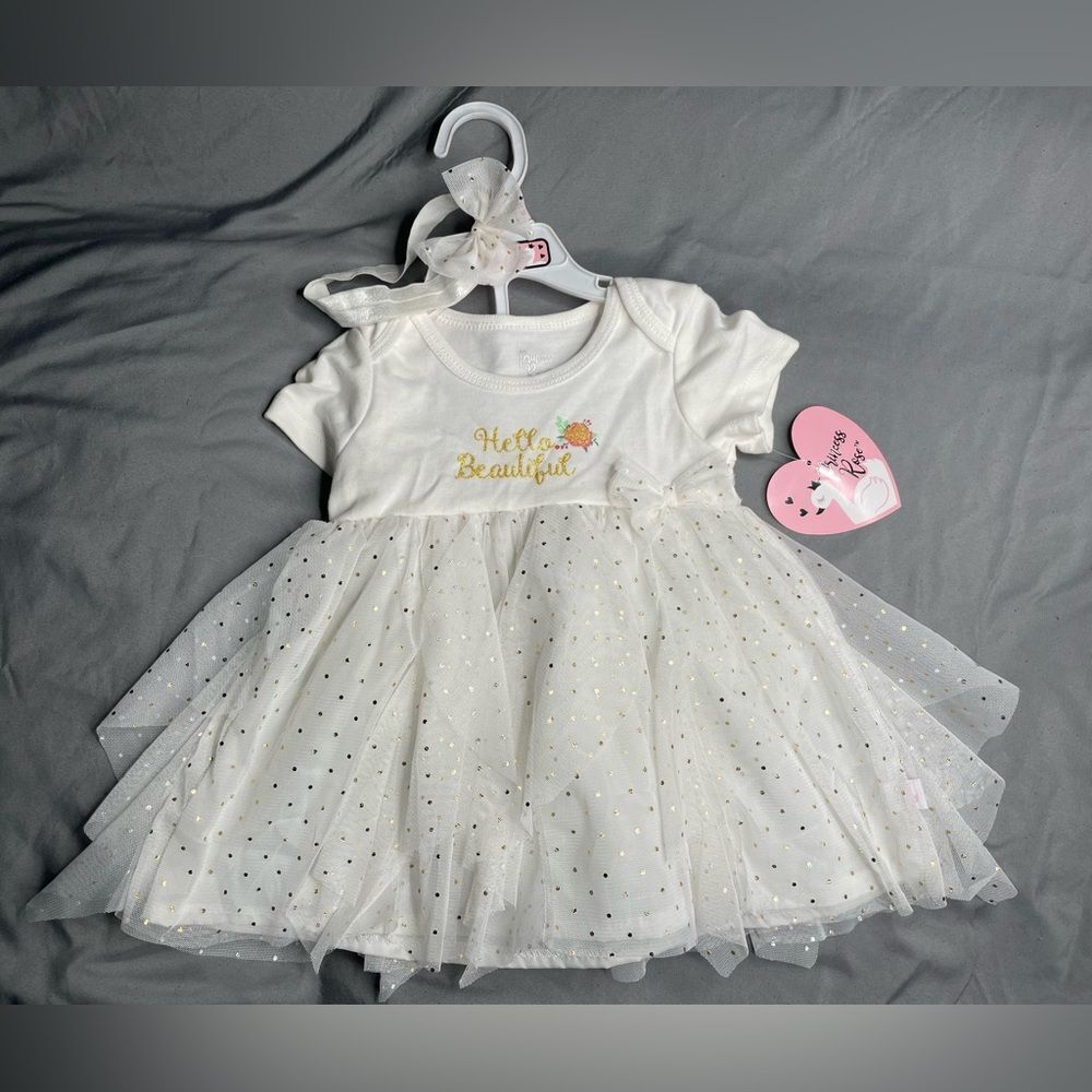 White and Gold BabyβDress with Headband